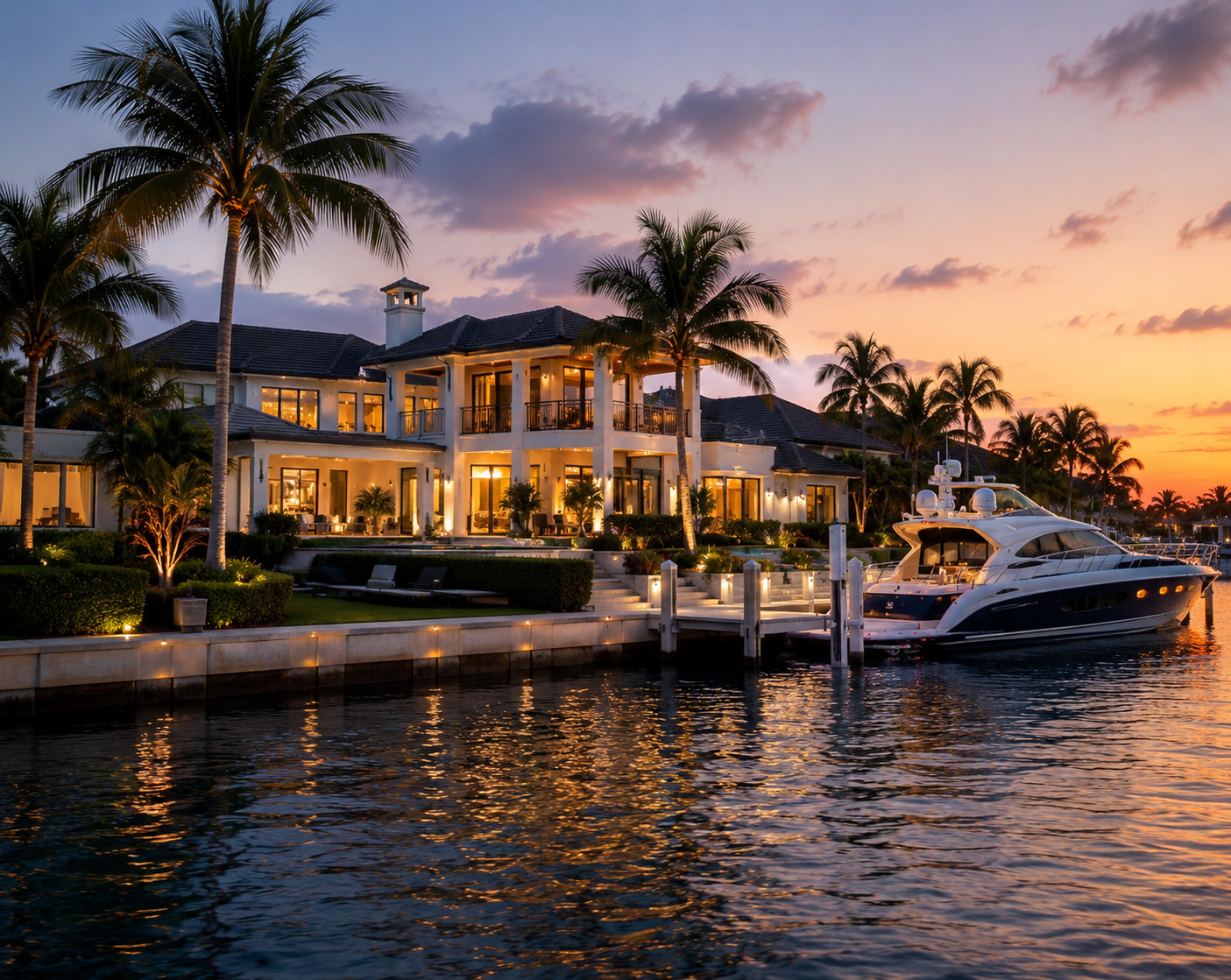 Southwest Florida Waterfront Estate & Yacht Lifestyle Luxury Southwest Florida waterfront estate with private yacht docked at sunset representing upscale coastal living and private client lifestyle services