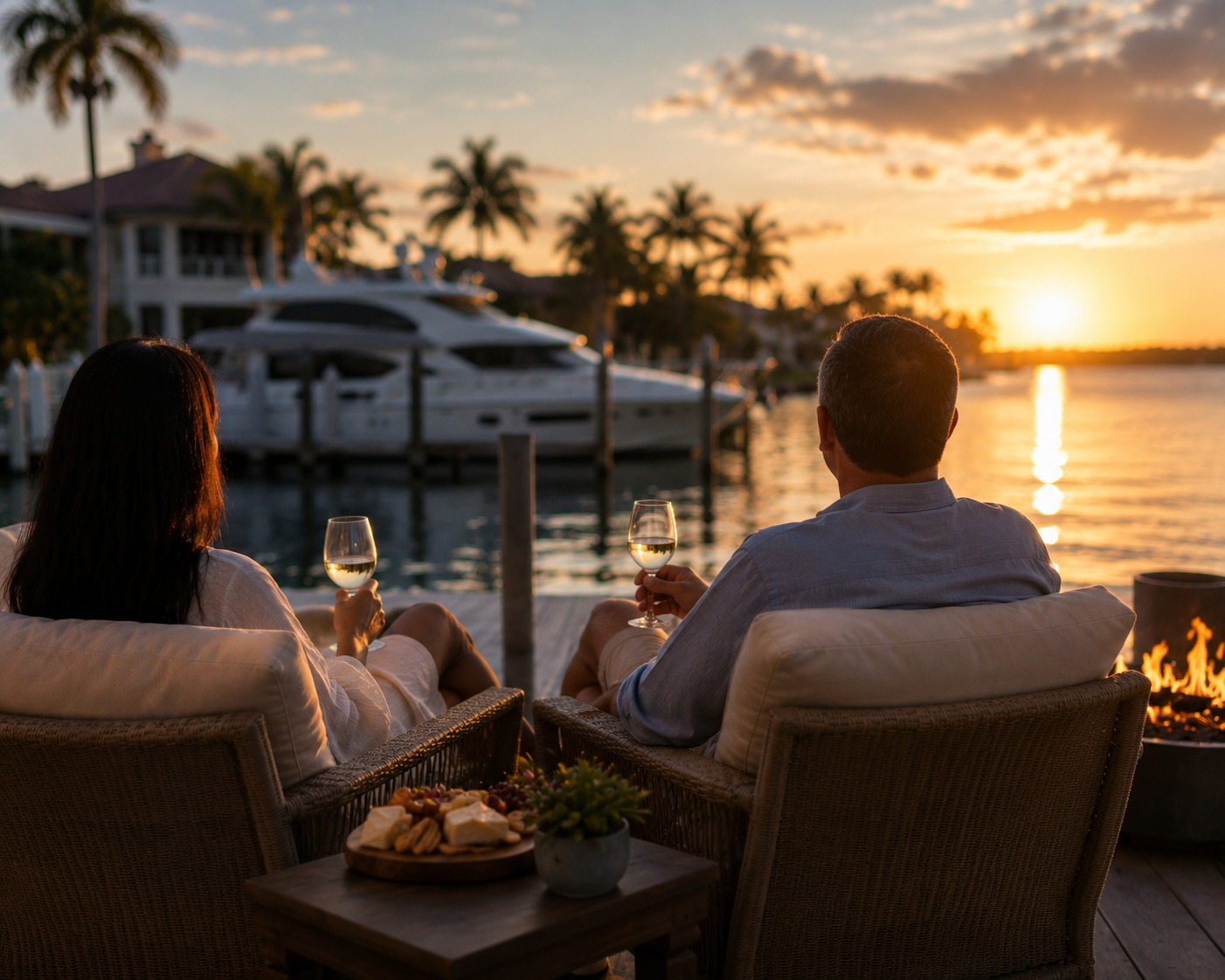 What Would You Do With More Time? | Sunshine Solutions Naples, Florida Couple relaxing at their waterfront home overlooking a yacht at sunset, enjoying the time and peace of mind made possible through private client asset and lifestyle services in Naples, Florida.
