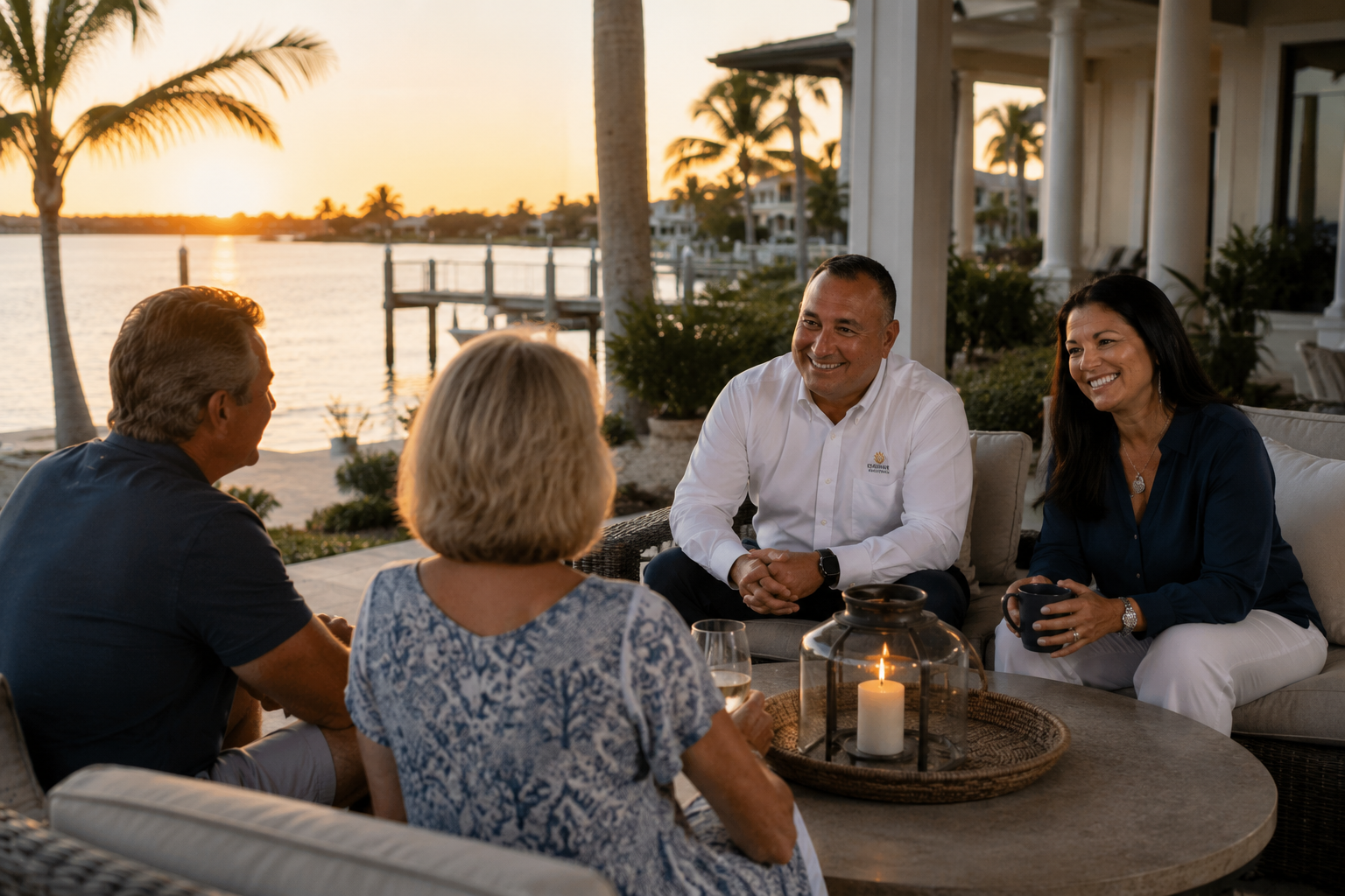 private-client-conversation-waterfront-home-naples-florida Sunshine Solutions meeting with private clients at a waterfront home in Naples, Florida to discuss property, yacht, and lifestyle management services.
