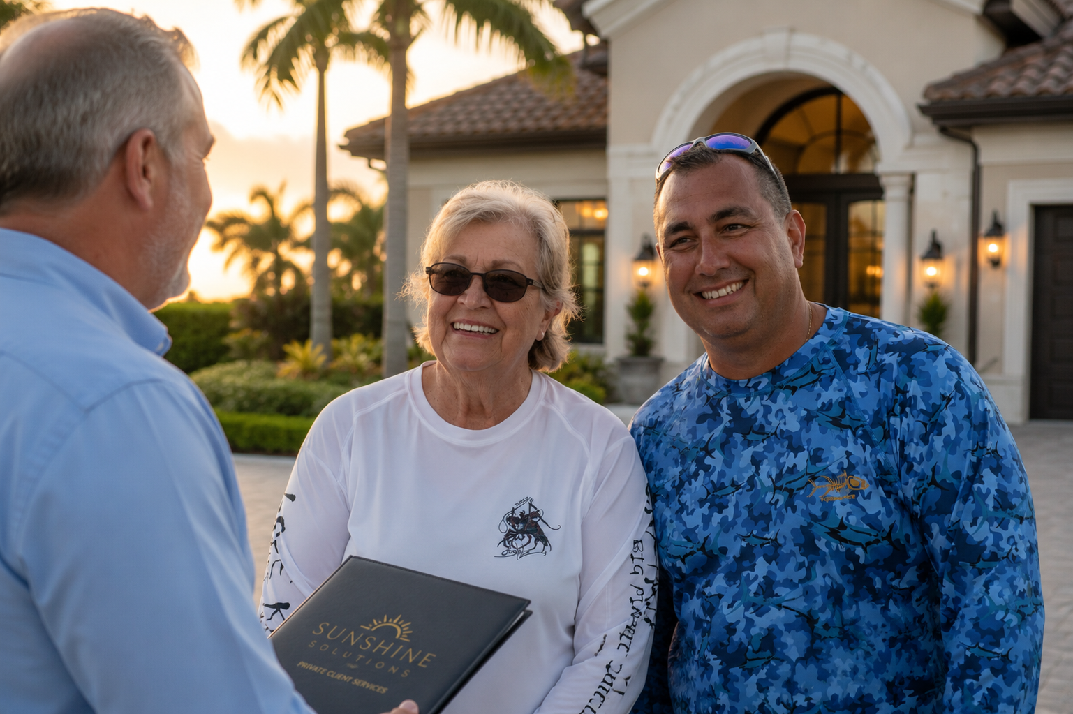 Private Client Homeowner Consultation | Sunshine Solutions | Naples, Florida Sunshine Solutions meeting with a waterfront homeowner in front of a luxury home in Naples, Florida to discuss private client property management, owner representation, and trusted advisory services.